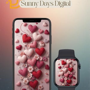 May include: A smartphone and smartwatch display a pattern of red, pink, and white hearts and small flowers on a pink background. The phone and watch are black. The text "Sunny Days Digital" is at the top.