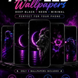 Könnte beinhalten: Eine digitale Grafik mit 5 AMOLED-Hintergrundbildern in Neon-Lila und Schwarz, darunter ein Astronaut, ein mondbeschienenes Meer, ein Löwe, lila Blumen und ein Motorrad. Der Text umfasst 5 AMOLED Wallpapers, Deep Black, Neon, Minimal sowie Made for iPhone and Android.