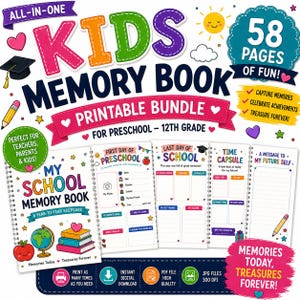 Peut inclure: Un ensemble de pages à imprimer pour un livre de souvenirs scolaire pour enfants, couvrant de la maternelle à la terminale. Le design coloré comprend des illustrations de globe, de livres et de pomme, avec des modèles pour les souvenirs.