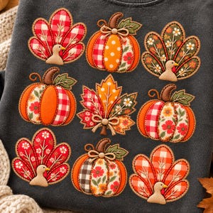 Patchwork Thanksgiving PNG, Turkey Pumpkin Fall Leaf Design, Faux Embroidery Sublimation, Autumn Shirt PNG, Digital Download
