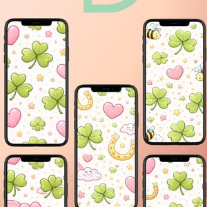 May include: Five smartphones showing a St. Patrick's Day wallpaper. The design includes green shamrocks, pink hearts, yellow stars, rainbows, clouds, and horseshoes on a white background. A light green stylized letter D and sunburst are in the background.