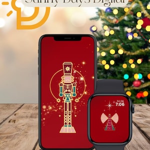 May include: A smartphone and smartwatch with Christmas-themed displays. The phone shows a nutcracker design, and the watch displays a star and angel design. The background includes a Christmas tree and the text "Sunny Days Digital."