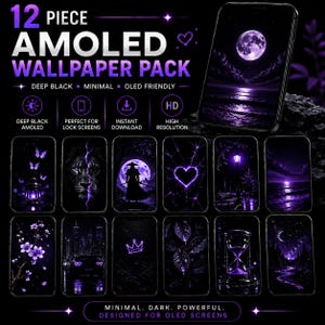 Könnte beinhalten: Ein 12-teiliges AMOLED-Wallpaper-Paket mit dunklen, minimalistischen Designs. Das Paket enthält verschiedene Bilder mit einem tiefschwarzen und violetten Farbschema, darunter ein Löwe, Schmetterlinge und ein Vollmond. Der Text lautet "Deep Black AMOLED", "Perfect for Lock Screens", "Instant Download" und "High Resolution".
