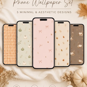 May include: A digital set of five phone wallpapers featuring autumn-themed patterns including orange gingham, pumpkins, bows, and leaves. The text reads FALL Phone Wallpaper Set, 5 MINIMAL & AESTHETIC DESIGNS, PERFECT FOR ANY PHONE, INSTANT DOWNLOAD, HIGH QUALITY JPG FILES, MADE WITH LOVE, BRING COZY FALL VIBES TO YOUR SCREEN.