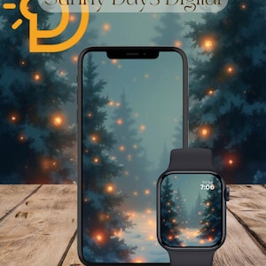 May include: A smartphone and a smartwatch showing a forest scene with glowing lights. The phone and watch are set against a blurred background of trees and lights. The text "Sunny Days Digital" is at the top.