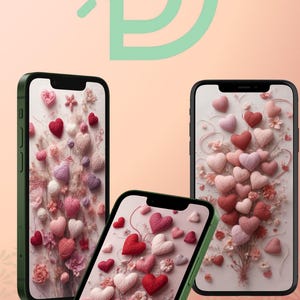 May include: Three smartphones with green frames display heart-themed wallpapers in shades of red, pink, and white. The background is a gradient of peach and pink, with a light green logo at the top.