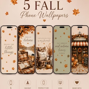 Könnte beinhalten: Ein Set aus 5 Handy-Hintergrundbildern mit Herbstmotiven, darunter verstreute Blätter, eine gemütliche See-Szene, ein Schaukelstuhl, salbeigrüne Hintergründe und ein Kürbis-Laden. Der Text lautet 5 FALL Phone Wallpapers.