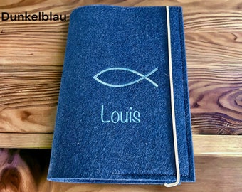Gotteslobhülle Filz mit Namen Gotteslob Hülle zur Kommunion -  Jesus Fisch- Geschenk,Junge,Fisch,dunkelblau