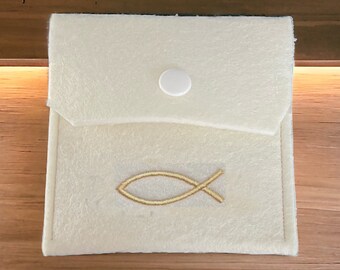 Rosenkranztasche mit Namen Filz,Rosenkranz Täschchen, Kommunion, Gastgeschenk,Mädchen, Jesus Fisch