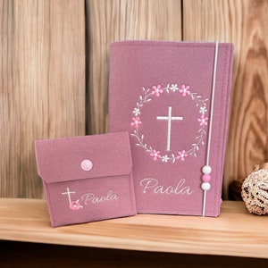 Gotteslobhülle / Einband mit Namen Gotteslob Hülle zur Kommunion / Gastgeschenk ,Geschenk, Mädchen, Blumenkranz mit rosa Bild 1