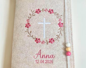 Gotteslobhülle Filz mit Namen Gotteslob Hülle zur Kommunion Gastgeschenk,Kreuz,Gott,Heiligen, Glauben Hoffnung,Geschenk,Mädchen, Blumenkranz