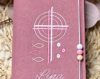 Gotteslobhülle Filz mit Namen Gotteslob Hülle zur Kommunion Gastgeschenk,Kreuz,Gott,Heiligen, Glauben Hoffnung,Geschenk,Mädchen, Rosenholz,