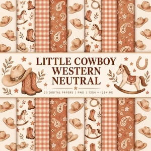 Pacchetto di carte digitali Little Cowboy, 20 sfondi PNG neutri in stile western, carte per album di ritagli per baby shower e compleanni.