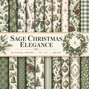 Puede incluir: Una colección de 20 papeles digitales titulada Sage Christmas Elegance, que mide 30,48 cm por 30,48 cm a 300 DPI. Los patrones presentan motivos en verde salvia y crema que incluyen ciervos, pinos, adornos, campanas, lazos y bayas.