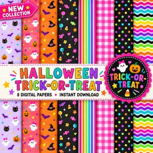 Puede incluir: Una colección de ocho papeles digitales con temas de Halloween que incluyen fantasmas, calabazas, murciélagos, dulces y patrones coloridos. El texto dice HALLOWEEN TRICK-OR-TREAT, 8 DIGITAL PAPERS, INSTANT DOWNLOAD y TRICK-OR-TREAT.