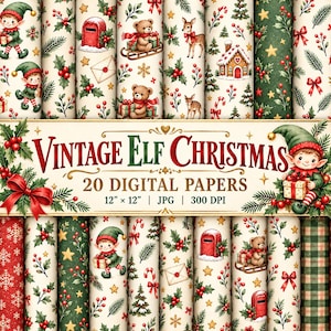 Puede incluir: Una colección de 20 papeles digitales con ilustraciones navideñas vintage de elfos, ositos de peluche en trineos, ciervos, casas de jengibre, buzones, acebo y estrellas. El texto dice VINTAGE ELF CHRISTMAS 20 DIGITAL PAPERS 30,48 cm x 30,48 cm | JPG | 300 DPI.