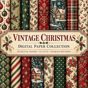Puede incluir: Una colección de 20 papeles digitales sin costuras con patrones navideños vintage que incluyen acebo, bayas, adornos, cuadros, flores de pascua y cabañas nevadas. El texto dice VINTAGE CHRISTMAS DIGITAL PAPER COLLECTION 20 DIGITAL PAPERS 30 x 30 CM.