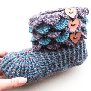 Dragon Scale Alpaca Boots - Women's Crochet Slippers - Adult Sizes - Crocodile Stitch Slippers With Wood Buttons