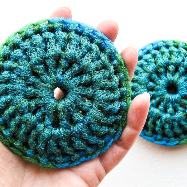 Heavy Duty Nylon Dish Scrubbies - Set of 2 through 10 - Blue and Green Crochet Kitchen Sponge - Double Strand Pot Scrubber