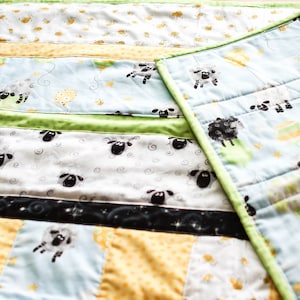 Striped Baby Boy Quilt, Susybee Fabric Quilt, Modern Lamb Nursery Quilt, Handmade Sheep Baby Blanket, Boy Blue and White Crib Bedding