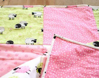 Baby Girl Pink Quilt, Sheep Crib Bedding, Susybee Fabric Quilt, Lamb Nursery Quilt,  Baby Girl Lamb Blanket