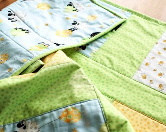 Handmade Baby Boy Quilt,  Baby Lamb Blanket, Susybee Fabric Quilt, Green Sheep Crib Bedding, Lamb Nursery Quilt