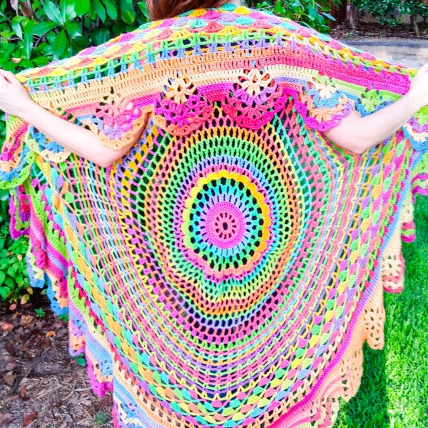 Crochet Bohemian Vest - Long Boho Hippie Vest - Adult One Size Fits All - Wool Mandala Vest