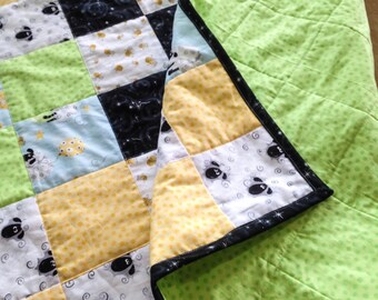 Modern Baby Boy Quilt, Handmade Lamb Baby Blanket, Susybee Fabric Quilt, Boy Sheep Crib Bedding, Green and Yellow Nursery Quilt