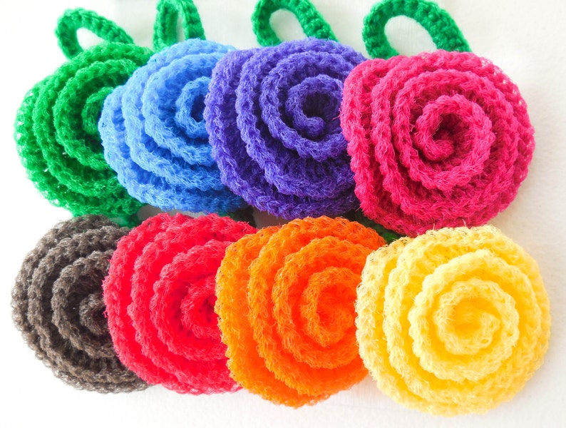 Nylon Pot Scrubber Set of 8 Rainbow Rose Collection Crochet Rose Dish Scrubbies image 4