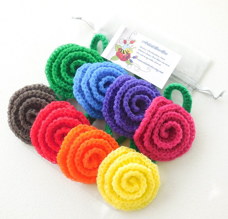 Nylon Pot Scrubber Set of 8 Rainbow Rose Collection Crochet Rose Dish Scrubbies image 2