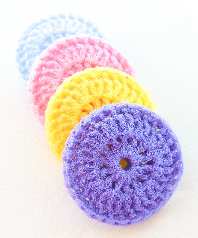 Pastel Crochet Nylon Pot Scrubbers Set of 4 Pink, Blue, Purple and Yellow Dish Scrubbies image 5