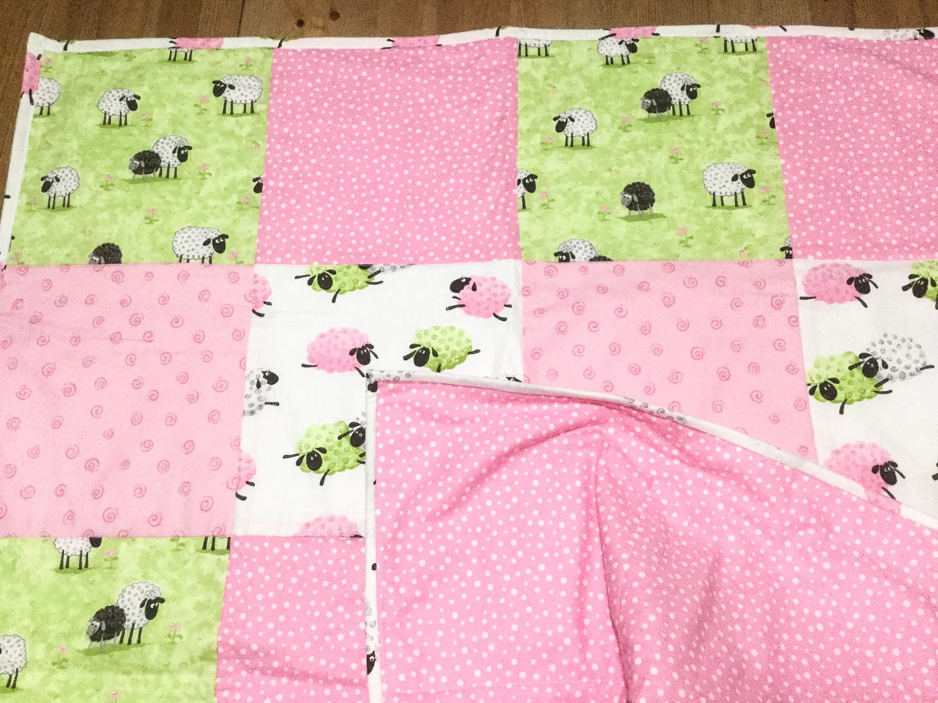 Baby Girl Pink Quilt, Sheep Crib Bedding, Susybee Fabric Quilt, Lamb