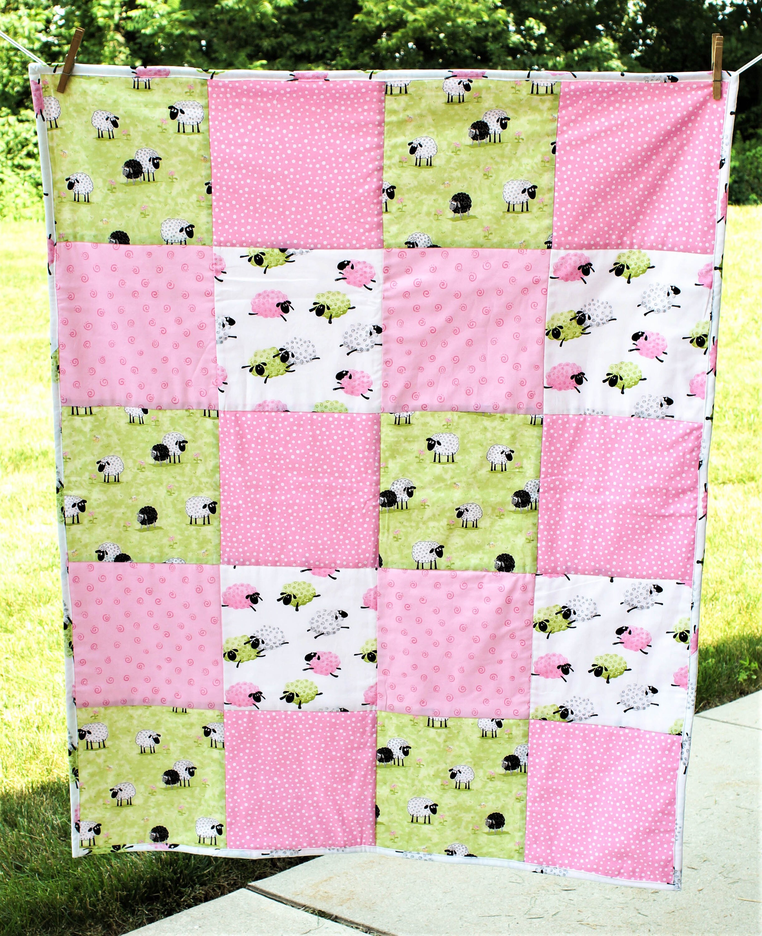 Baby Girl Pink Quilt, Sheep Crib Bedding, Susybee Fabric Quilt, Lamb