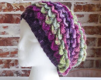Dragon Scale Beret - Crocodile Stitch Slouchy Hat - Crochet Angora Beret