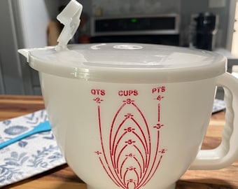 Vintage Tupperware Mix N Stor-beslagkom maatbeker met deksel witrode keuken mengkom uit het midden van de eeuw
