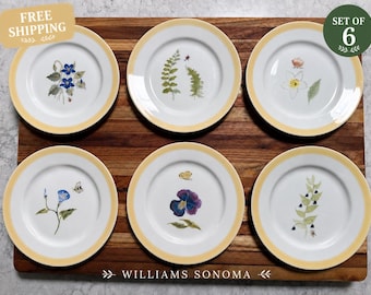 Williams Sonoma Porcelain Botanical Plates Set of 6 Flowering Herbs Yellow Rim Made in Japan 8"
