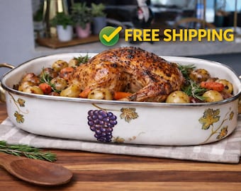 Assadeira vintage de esmalte – Uvas pintadas à mão, alças de latão, estilo toscano.