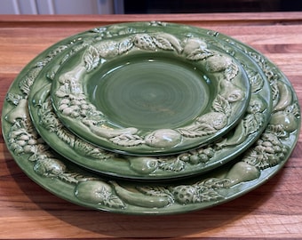 カサフィナ ポルトガル グリーン マジョリカ プレート 3枚セット 手描きフルーツ ボルダロスタイル サービングプラッター
