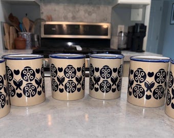 Set of 6 Vintage Butterfly Ladybug Mugs, Japanese Beige Gray Ceramic Coffee Cups