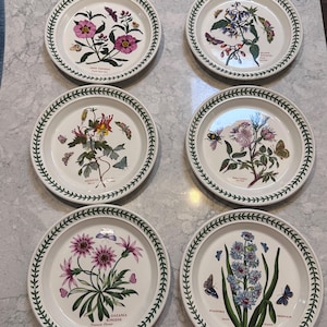 Puede incluir: Seis platos de cerámica blancos con diseños florales y de mariposas. Cada plato presenta una ilustración botánica diferente en colores vibrantes, rodeada por un borde de hojas verdes. Los platos están dispuestos sobre una superficie gris claro.