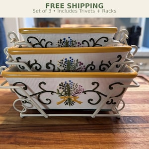 Temp-tations Ovenware Set of 3 Nesting Bakers w/ Racks, Floral Cottagecore Serving Dishes, Oven to Table Bakeware