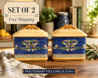 Juego de 2 botes vintage Pfaltzgraff Villa della Luna / Tarros de almacenamiento con tapa de estilo italiano / Decoración de cocina azul