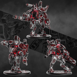 May include: Three detailed, red and white robot figurines with glowing red accents. Each robot is posed on a circular base, showcasing intricate mechanical designs and weaponry. The robots are set against a dark background.