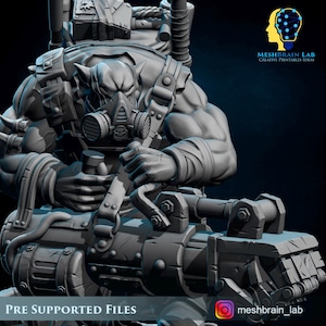 May include: A detailed 3D-rendered model of a muscular, armored Orc character, wearing a respirator mask with a skull emblem. The Orc is holding a large, industrial-style weapon. The image includes the text "PRE SUPPORTED FILES" and the Instagram handle "meshbrain_lab".