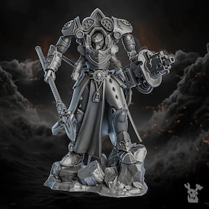 May include: A grey figurine of a futuristic warrior, standing on a rocky base. The figure is heavily armoured, wielding a large weapon and a staff. The design includes intricate details and a helmeted head.