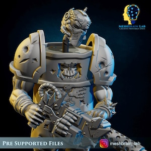 May include: A gray, 3D-printed figurine of a futuristic warrior, holding a large gun. The figure has a detailed helmet and armor, with a stylized face visible on the chest. The text "PRE SUPPORTED FILES" is at the bottom.