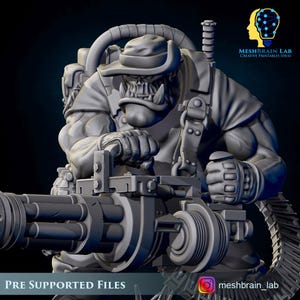 May include: A 3D-rendered model of a muscular, orc-like figure wearing a cowboy hat and holding a large, multi-barreled machine gun. The figure is gray, with detailed textures. The text "PRE SUPPORTED FILES" is at the bottom.