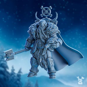 May include: A grey miniature figure of a warrior in armour and a fur-lined cloak. The figure holds a large battle axe and a wolf-head helmet. The warrior has a long, braided beard and is adorned with skull motifs.