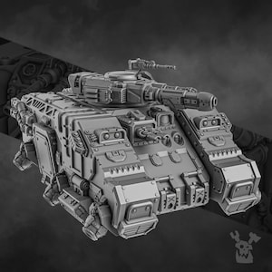 May include: A detailed grey model of a military tank, featuring multiple turrets, cannons, and intricate mechanical details. The tank has a boxy design with visible rivets and panels, suggesting a robust construction. The image is in grayscale.