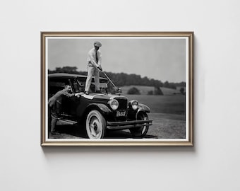 Vintage Golfer Teeing On Car, Retro Golf Decor, Black and White (Digital Download)